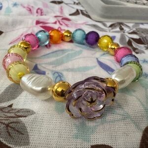 Colorful Beaded Bracelet with Purple Rose